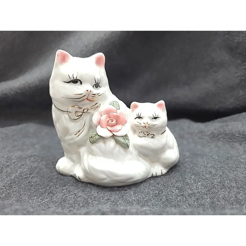 Vtg‎ Porcelain White Persian Mom & Baby Cat Figurine Rose Gold Accents 5